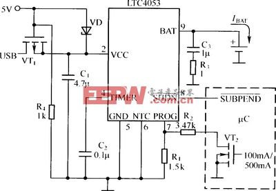 实用的USB接口锂离子电池充电器电路(LTC4053作为控制器)-其他电源电路图-电子产品世界